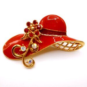 Vintage Avon Brooch Gold Tone Red Enamel Hat Rhinestone Flower Accents Lapel Pin